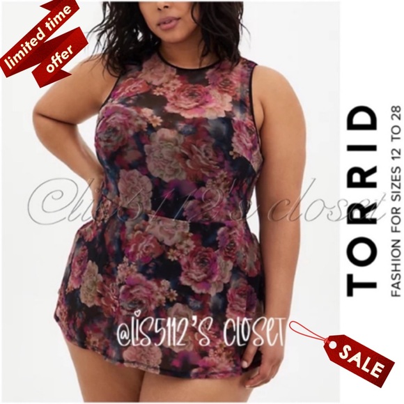 Torrid Multi Rose Floral Mesh Peplum Underwire Swimsuit Swim Dress 2X 18 20 - Picture 1 of 16